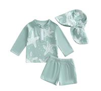 LYSINK Toddler Baby Boys Swimsuit Set Rash Guard Zipper Long Sleeve with Shorts Hat Swimming 3Pcs Suit Shark Print Bathing Suit (Bd Green, 6-12 Months)