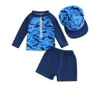 LYSINK Toddler Baby Boys Swimsuit Set Rash Guard Zipper Long Sleeve with Shorts Hat Swimming 3Pcs Suit Shark Print Bathing Suit (Bh Blue, 6-12 Months)