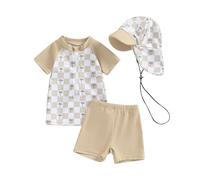 LYSINK Toddler Baby Boys Swimsuit Set Rash Guard Zipper Short Sleeve Tops Swim Trunks Swim Cap 3Pcs Shark Print Bathing Suit (Bf Khaki, 18-24 Months)