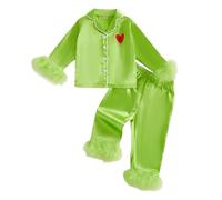 LYSINK Toddler Baby Girl Christmas Pyjamas Set Satin Silk Long Sleeve Feather Trim Button Tops Trouser 2Pcs Toddler Sleepwear (01 Green, 3-4 Years)