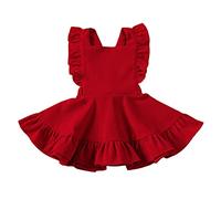 LYSINK Toddler Baby Girl Corduroy Backless Ruffle Dress Solid Color Sleeveless Square Collar Large Hem High Waist Suspender Overalls Dress (Ba Red, 3-4 Years)