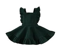 LYSINK Toddler Baby Girl Corduroy Backless Ruffle Dress Solid Color Sleeveless Square Collar Large Hem High Waist Suspender Overalls Dress (Ba Green, 4-5 Years)