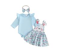 LYSINK Toddler Baby Girl Easter Dress Outfit Ruffle Long Sleeves Romper Bunny Suspender Skirt with Headband Clothes Set (B-Blue, 0-3 Months)