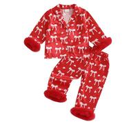 LYSINK Toddler Baby Girl Pajamas Sets Satin Silk Long Sleeve Feather Trim Button Tops Pants Valentine Day 2Pcs Loungewear (Ba Red 1, 18-24 Months)
