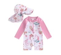 LYSINK Toddler Baby Girl Swimsuit Set One Piece Long Sleeve Zip Up Rash Guard Swimwear Sun Protection with Hat 2Pcs Bathing Suit (Bb Pink, 6-12 Months)