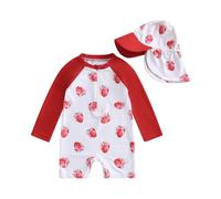 LYSINK Toddler Baby Girl Swimsuit Set One Piece Long Sleeve Zip Up Rash Guard Swimwear Sun Protection with Hat 2Pcs Bathing Suit (Bj Red, 3-6 Months)