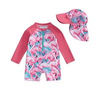 LYSINK Toddler Baby Girl Swimsuit Set One Piece Long Sleeve Zip Up Rash Guard Swimwear Sun Protection with Hat 2Pcs Bathing Suit (Bl Red Flamingo, 6-12 Months)