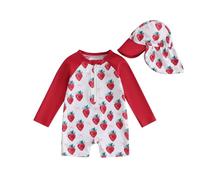 LYSINK Toddler Baby Girl Swimsuit Set One Piece Long Sleeve Zip Up Rash Guard Swimwear Sun Protection with Hat 2Pcs Bathing Suit (Bg Red Strawberry Bow, 2-3 Years)