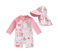 LYSINK Toddler Baby Girl Swimsuit Set One Piece Long Sleeve Zip Up Rash Guard Swimwear Sun Protection with Hat 2Pcs Bathing Suit (Bk Pink, 18-24 Months)