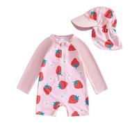 LYSINK Toddler Baby Girl Swimsuit Set One Piece Long Sleeve Zip Up Rash Guard Swimwear Sun Protection with Hat 2Pcs Bathing Suit (Bl Gold, 2-3 Years)