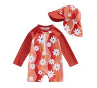 LYSINK Toddler Baby Girl Swimsuit Set One Piece Long Sleeve Zip Up Rash Guard Swimwear Sun Protection with Hat 2Pcs Bathing Suit (Bl Red Floral, 2-3 Years)