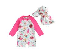 LYSINK Toddler Baby Girl Swimsuit Set One Piece Long Sleeve Zip Up Rash Guard Swimwear Sun Protection with Hat 2Pcs Bathing Suit (Bh Rose Red, 12-18 Months)