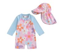 LYSINK Toddler Baby Girl Swimsuit Set One Piece Long Sleeve Zip Up Rash Guard Swimwear Sun Protection with Hat 2Pcs Bathing Suit (Bi Blue, 6-12 Months)
