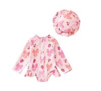 LYSINK Toddler Baby Girl Swimsuit Set One Piece Long Sleeve Zip Up Rash Guard Swimwear with Cute Sun Hat 2Pcs Bathing Suit (Bg Red, 18-24 Months)