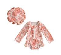 LYSINK Toddler Baby Girl Swimsuit Set One Piece Long Sleeve Zip Up Rash Guard Swimwear with Cute Sun Hat 2Pcs Bathing Suit (Ba Orange, 6-9 Months)