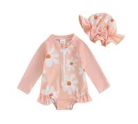 LYSINK Toddler Baby Girl Swimsuit Set One Piece Long Sleeve Zip Up Rash Guard Swimwear with Cute Sun Hat 2Pcs Bathing Suit (Bh Orange Flower, 3-6 Months)