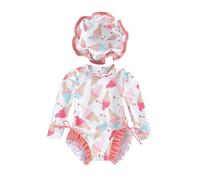 LYSINK Toddler Baby Girl Swimsuit Set One Piece Long Sleeve Zip Up Rash Guard Swimwear with Cute Sun Hat 2Pcs Bathing Suit (Be Orange, 12-18 Months)