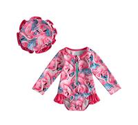 LYSINK Toddler Baby Girl Swimsuit Set One Piece Long Sleeve Zip Up Rash Guard Swimwear with Cute Sun Hat 2Pcs Bathing Suit (Ba Rose Red, 6-9 Months)