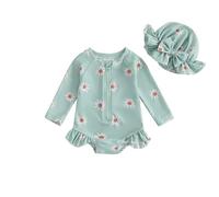 LYSINK Toddler Baby Girl Swimsuit Set One Piece Long Sleeve Zip Up Rash Guard Swimwear with Cute Sun Hat 2Pcs Bathing Suit (Bb Green, 12-18 Months)