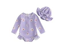 LYSINK Toddler Baby Girl Swimsuit Set One Piece Long Sleeve Zip Up Rash Guard Swimwear with Cute Sun Hat 2Pcs Bathing Suit (Bb Purple, 9-12 Months)