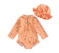 LYSINK Toddler Baby Girl Swimsuit Set One Piece Long Sleeve Zip Up Rash Guard Swimwear with Cute Sun Hat 2Pcs Bathing Suit (Bl Orange, 6-12 Months)