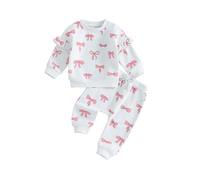 LYSINK Toddler Baby Girl Valentine's Day Bow Set Waffle Long Sleeve Pullover Sweatshirt Pants 2 Piece Outfits Tracksuit (G-White, 0-3 Months)