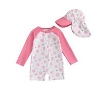 LYSINK Toddler Baby Girls Half Zipper One Piece Swimsuit Infant Summer Floral Print Rash Guard Bathing Suits with Sunhat (09Pink Strawberry Bow, 12_months-24_Months)