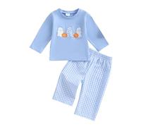 LYSINK Toddler Boy Halloween Clothes Ghost Embroidery Long Sleeve Pullover Elastic Waist Plaid Pants 2Pcs Fall Outfit (Ba Blue, 6-12 Months)