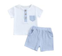 LYSINK Toddler Boy Summer Clothes Short Sleeve Round Neck Button Down T-Shirt Shorts Sets 2Pcs Cotton Linen Outfits (06Sky Blue, 3-6 Months)