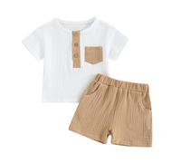 LYSINK Toddler Boy Summer Clothes Short Sleeve Round Neck Button Down T-Shirt Shorts Sets 2Pcs Cotton Linen Outfits (03Khaki, 2-3T)