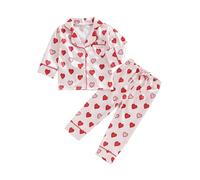 LYSINK Toddler Girl Valentines Outfits 2Pcs Love Heart Print Lapel Button Down Pyjamas Matching Kids Elastic Waist Pjs Pants Sets (H-Red, 3-4 Years)
