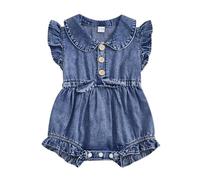 LYSINK Toddler Girls Denim Overalls Short Sleeves Turn Down Collar Button Down Elastic Waist Romper Summer Jean One Piece Outfit