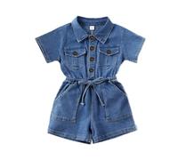LYSINK Toddler Girls Denim Overalls Short Sleeves Turn Down Collar Button Down Elastic Waist Romper Summer Jean One Piece Outfit (Bb Blue, 5-6 Years)