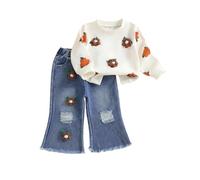 LYSINK Toddler Girls Fall Outfits Crochet Flowers Long Sleeve Sweatshirt and Elastic Ripped Denim Flare Pants Set (Ba Coffee, 6-12 Months)