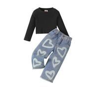 LYSINK Toddler Girls Fall Outfits Long Sleeve Crew Neck Pullover Sweatshirt and Elastic Denim Long Pants 2Pcs Set (01 Black, 2-3T)