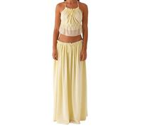 LYSINK Two Piece Maxi Skirt Sets for Women Summer Backless Sleeveless Ruched Beach Halter Cami Top Long Skirt 2 Piece Outfits (Bd Yellow, S)