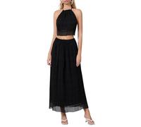 LYSINK Two Piece Maxi Skirt Sets for Women Summer Backless Sleeveless Ruched Beach Halter Cami Top Long Skirt 2 Piece Outfits (Ba Black, S)