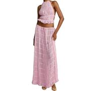 LYSINK Two Piece Maxi Skirt Sets for Women Summer Backless Sleeveless Ruched Beach Halter Cami Top Long Skirt 2 Piece Outfits (Ba Pink, S)