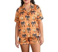 LYSINK Women Bow Print Two Piece Pajama Set Short Sleeve Button Down Shirt Lounge Shorts Pjs Y2k Cute Holiday Sleepwear (E-a-Orange, M)