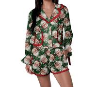 LYSINK Women Christmas Pajamas Sets Satin Bow Tie Print Button Up Long Sleeve Lapel V Neck Tops and Shorts Lounge Wear 2 Pcs Set (06 Green Santa, M)