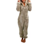 LYSINK Women Comfy Fleece Onesie Pyjamas Zip Up Hooded One-Piece Pjs Jumpsuit Fall Winter Warm Loungewear Nightwear (06Khaki, S)