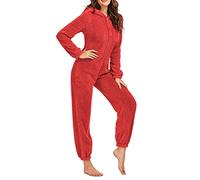 LYSINK Women Comfy Fleece Onesie Pyjamas Zip Up Hooded One-Piece Pjs Jumpsuit Fall Winter Warm Loungewear Nightwear (09Watermelon red, 3XL)