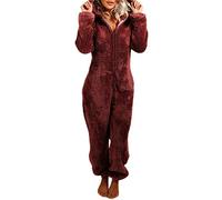 LYSINK Women Comfy Fleece Onesie Pyjamas Zip Up Hooded One-Piece Pjs Jumpsuit Fall Winter Warm Loungewear Nightwear (04Wine red, 3XL)