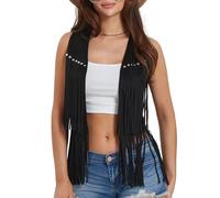 LYSINK Women Cowgirl Tassel Waistcoat Suede Rivets Sleeveless Fringed Jacket 70s Western Hippie Country Concert Vest (A-Black, S)