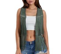LYSINK Women Cowgirl Tassel Waistcoat Suede Rivets Sleeveless Fringed Jacket 70s Western Hippie Country Concert Vest (A-Army Green, XL)