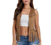 LYSINK Women Cowgirl Tassel Waistcoat Suede Rivets Sleeveless Fringed Jacket 70s Western Hippie Country Concert Vest (A-Khaki, XL)