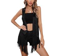 LYSINK Women Cowgirl Tassel Waistcoat Suede Rivets Sleeveless Fringed Jacket 70s Western Hippie Country Concert Vest (D-Black, 2XL)