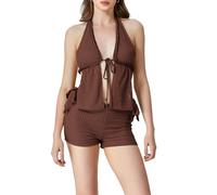 LYSINK Women Crochet Hollow 2 Piece Sexy Front Neck Tie-up Halter Backless Top Low Waist Shorts Y2K Beachwear (Ba Dark Brown, M)