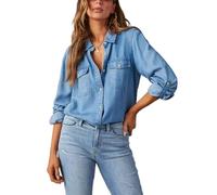 LYSINK Women Denim Shirts Turn Down Collar Button Down Long Sleeve Solid Color Jean Blouses Spring Casual Streetwear Tops (Ba Dark Blue, S)