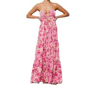LYSINK Women Floral Halter Neck Maxi Dress Summer Tie-Up Sleeveless Backless Long Dress Elegant Flowy Tiered Ruffle Sundress (E-Pink, L)